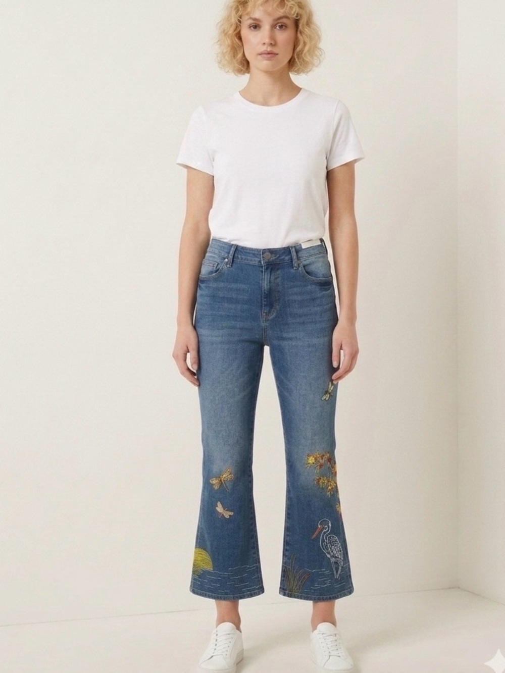 Driftwood Romy Flare Denim Jeans Embroidered Heron Bird Dragonflies Size 10 - Picture 10 of 10